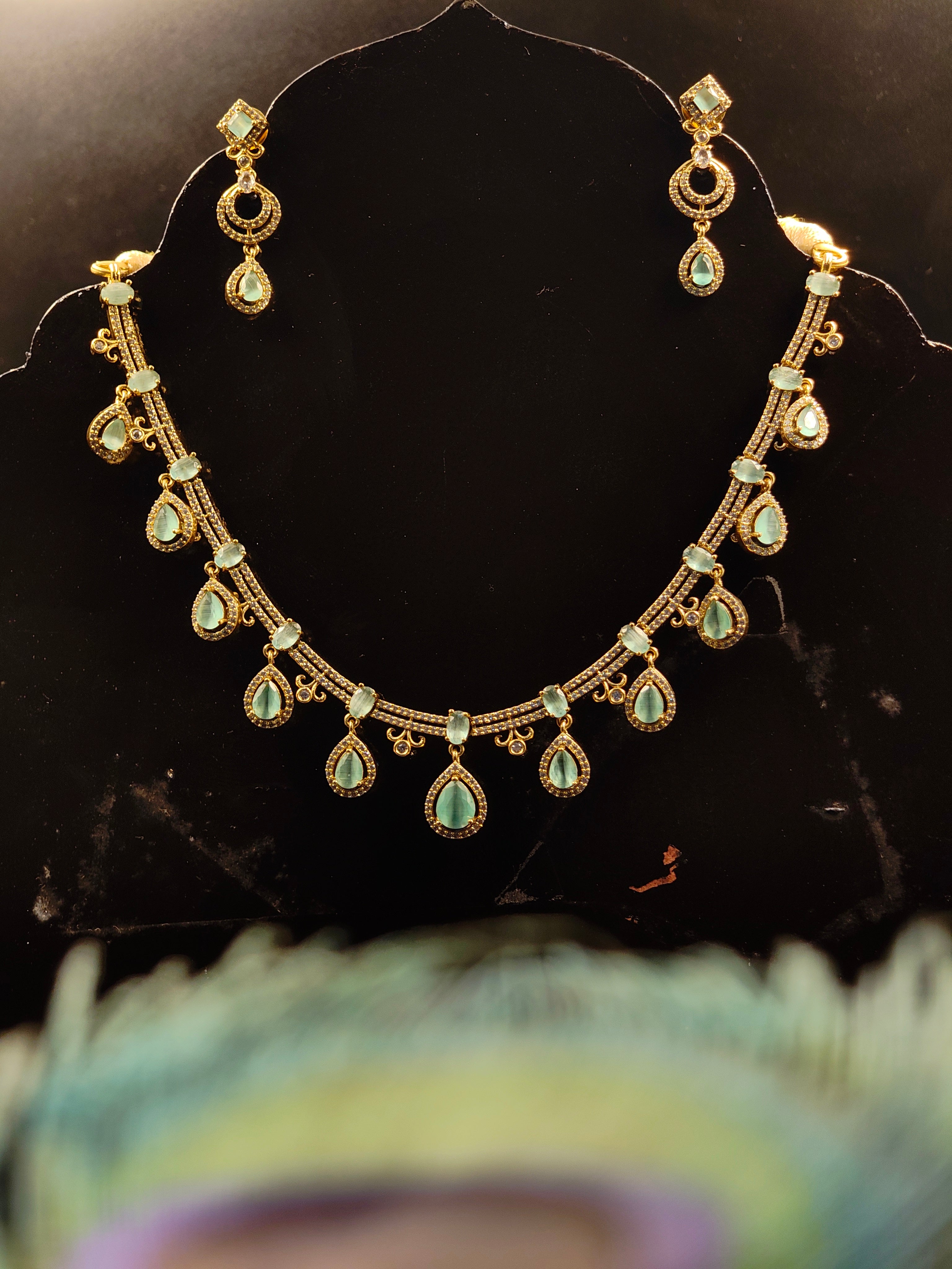 Elegant White and Green stone Necklace set with Earrings