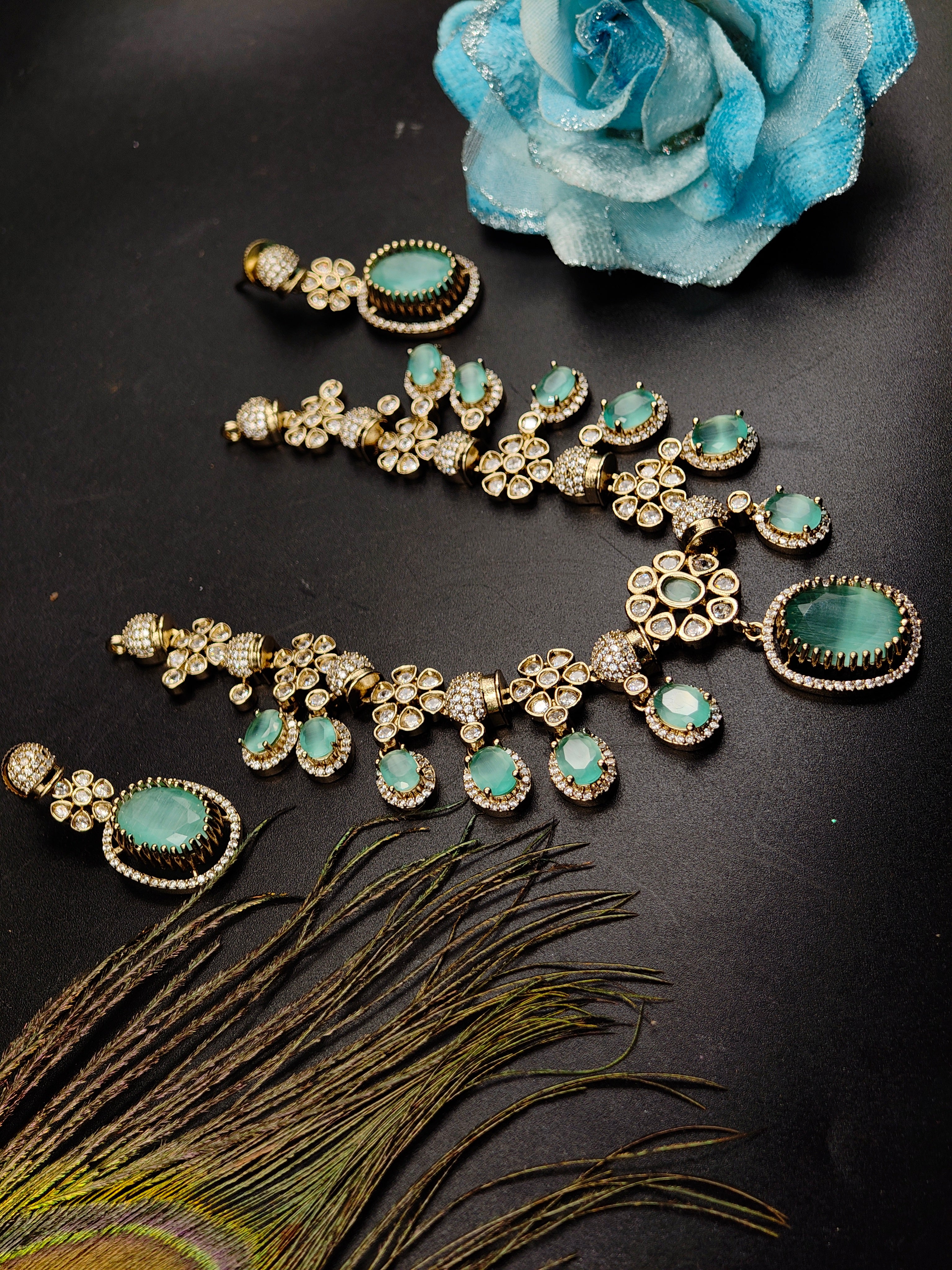 Green White stone Necklace and Earring Set