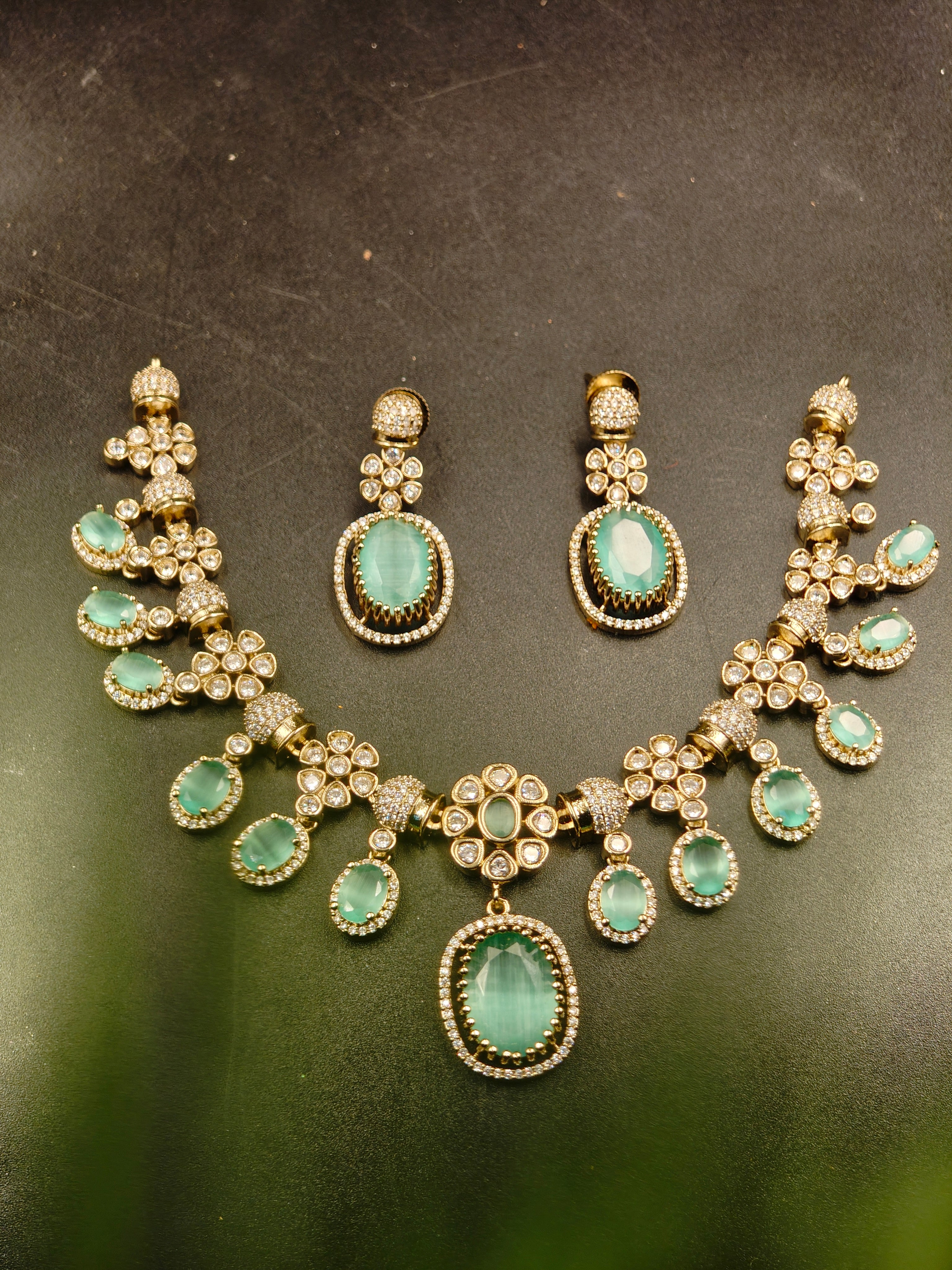 Green White stone Necklace and Earring Set