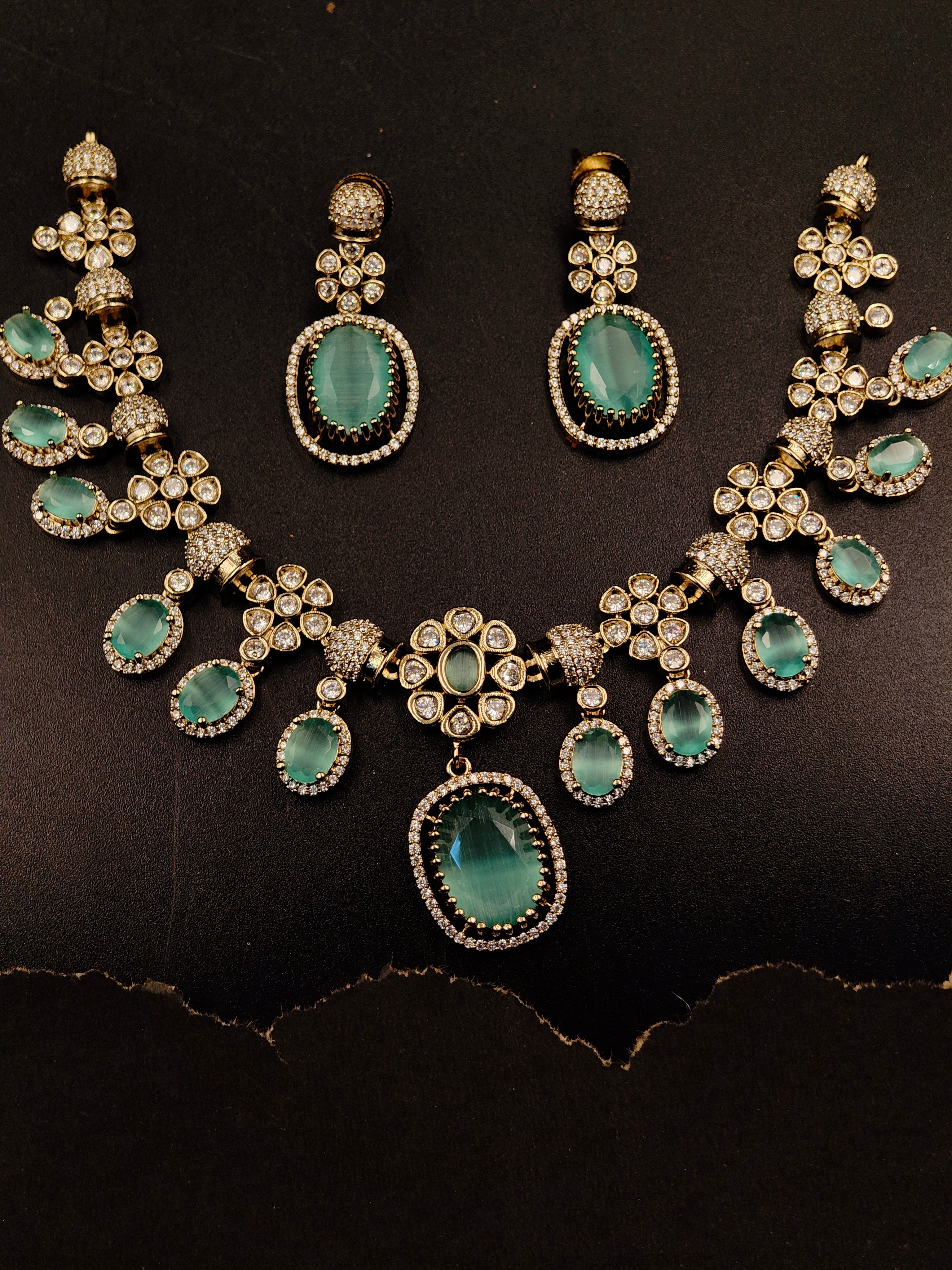 Green White stone Necklace and Earring Set