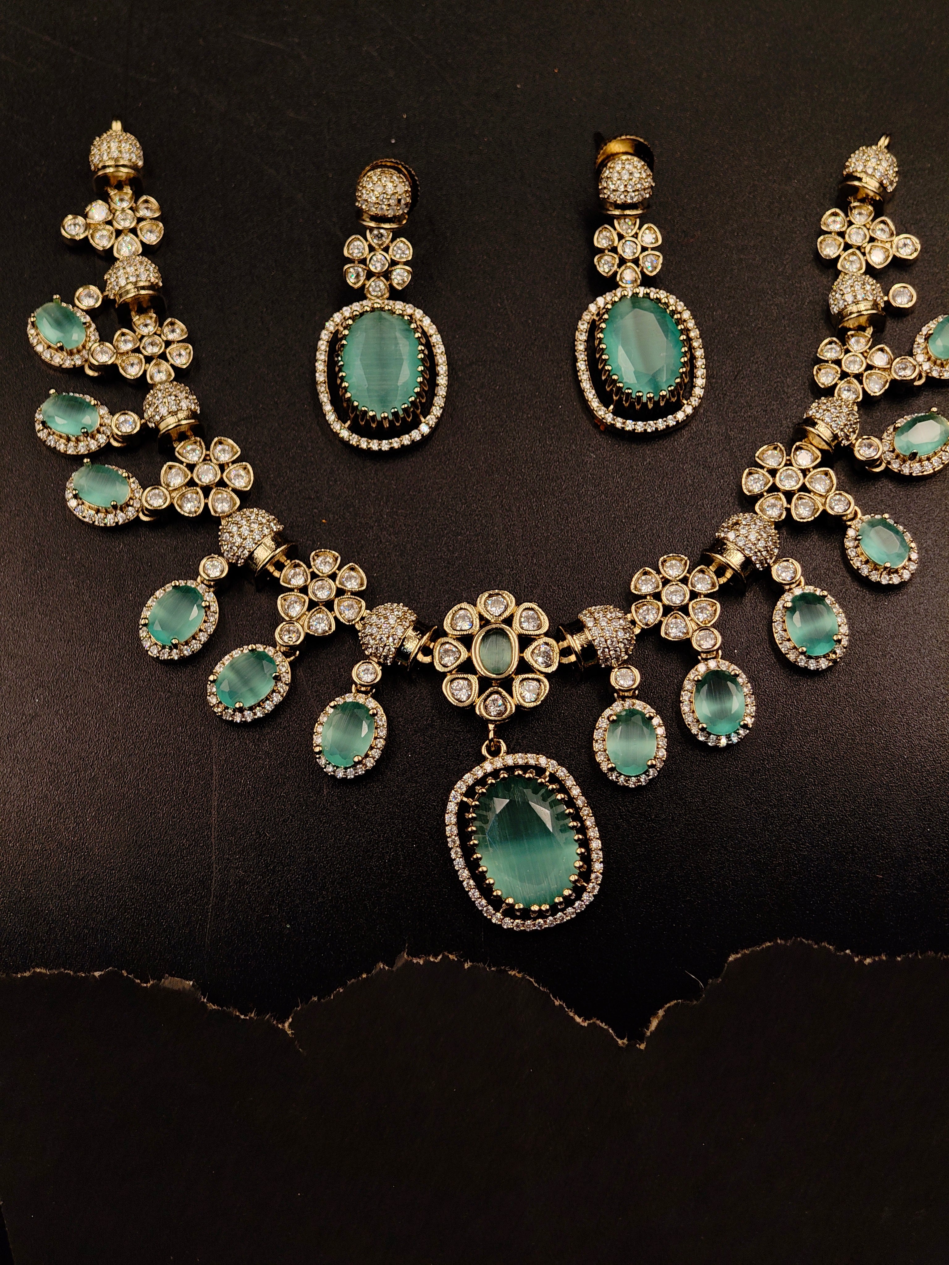 Green White stone Necklace and Earring Set